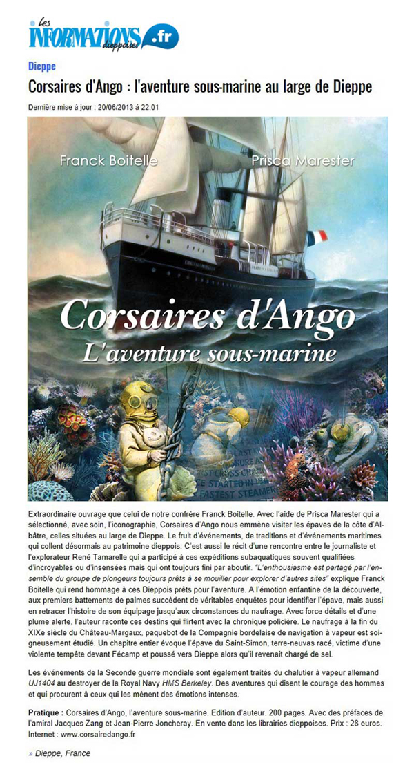 Les Corsaires d'ango publient leurs découvertes et aventures subaquatiques