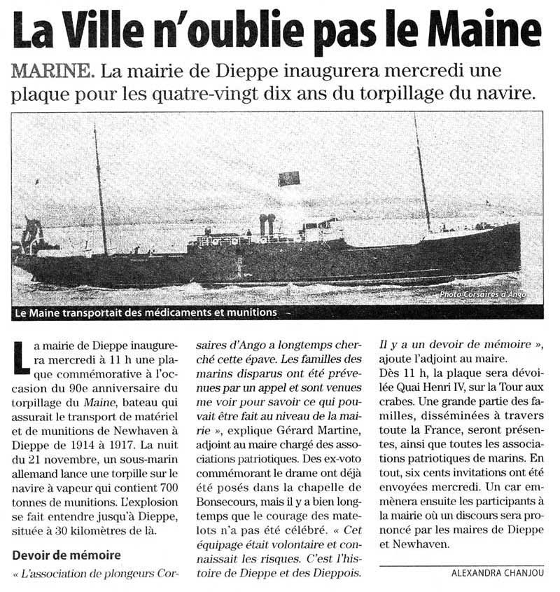 Article de presse : La ville n'oublie pas le Maine