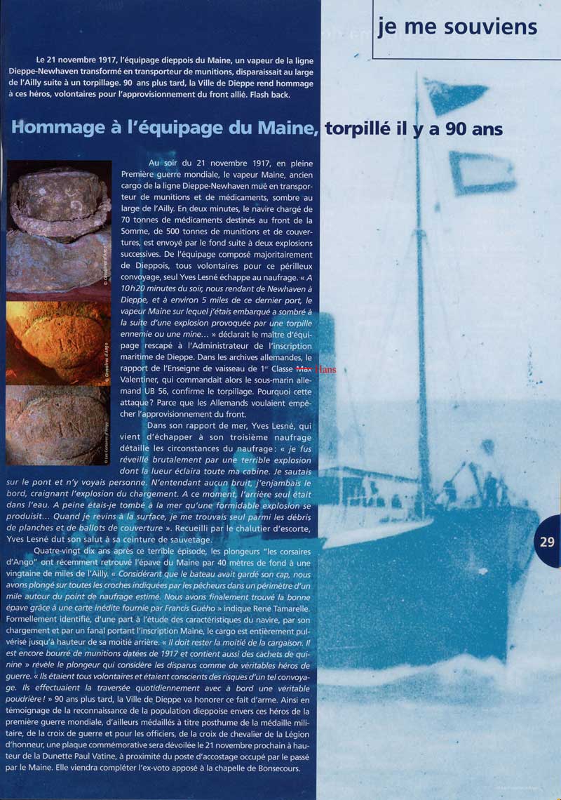 Article de presse : Hommage à l'équipage du Maine, torpillé il y a 90 ans