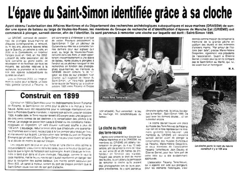 Article de presse : L'épave du Saint-Simon identifiée grâce à sa cloche