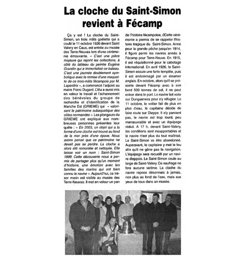 Article de presse : La cloche du Saint-Simon revient à Fécamp